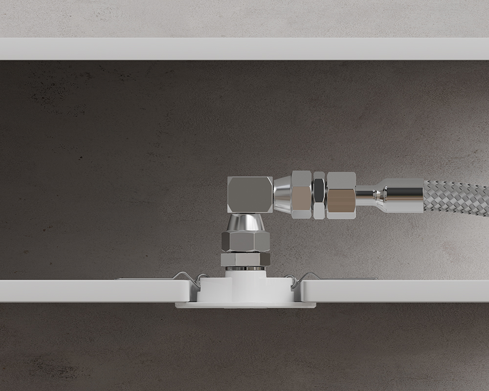 High-pressure water mist nozzle fitted through ceiling cavity for residential fire suppression