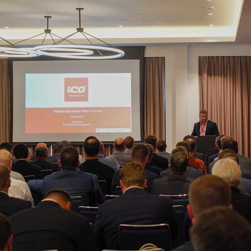 Guy Briscoe, R&D Director at iCO Products presents Residential Water Mist in the UK at the International Water Mist Conference
