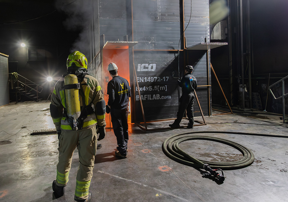 iCO Research and Development Team testing water mist system to BS EN 14972 at Baltic Fire Laboratory