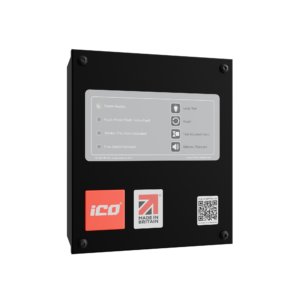 Back of a black device panel showing three stickers: orange ICO logo, Made in Britain label, and a QR code next to a small white tag.
