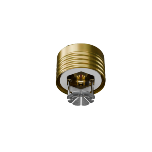 Gold-colored screw-in light bulb socket viewed from below, with metal contacts and a silver cooling/heating component against a black background.