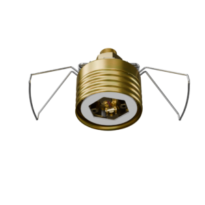 Golden screw-in light bulb socket with slim metal wings protruding from either side against a black background, in a sculptural form.