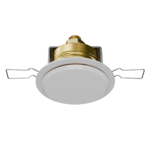 Recessed ceiling downlight with round white trim and metal mounting springs.