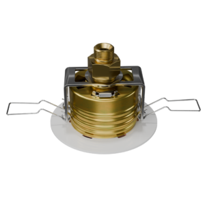 Gold recessed light housing with mounting springs and trim, shown from above as a ceiling can light fixture ready for installation.