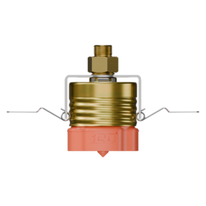 Brass threaded stud and hex nut atop a gold switch body, held by a wire-frame with side springs on an orange base.