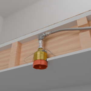 Ceiling-mounted industrial quick-connect fitting with a braided hose and a yellow safety cap hanging below the red base.