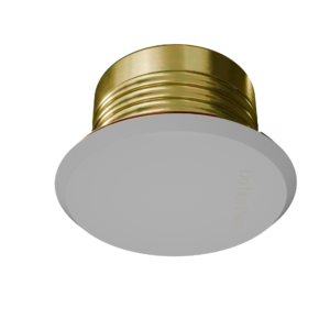 Close-up of a shiny gold cylindrical lid with ridges resting on a light gray circular base against a black background.