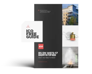 Brochure cover: dark central panel with title 'BS EN 14972-17 Demystified' and ICO red logo, 'ICO Free Guide' white block on left, and a right image column showing a building, a light bulb, and a kitchen steam scene.